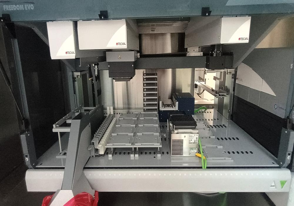 Liquid handling platfrom with 8- pipetting channels; 96-channels for 96-well plates; RoMA for handling the plates, 2 working stations to keep the plates; tip stacking towards the left side; Spark magellan module is towards the right; PCR work station is at the back beside the hotel; Temperature controlling module towards right which can be used for magnetic stage as well. 